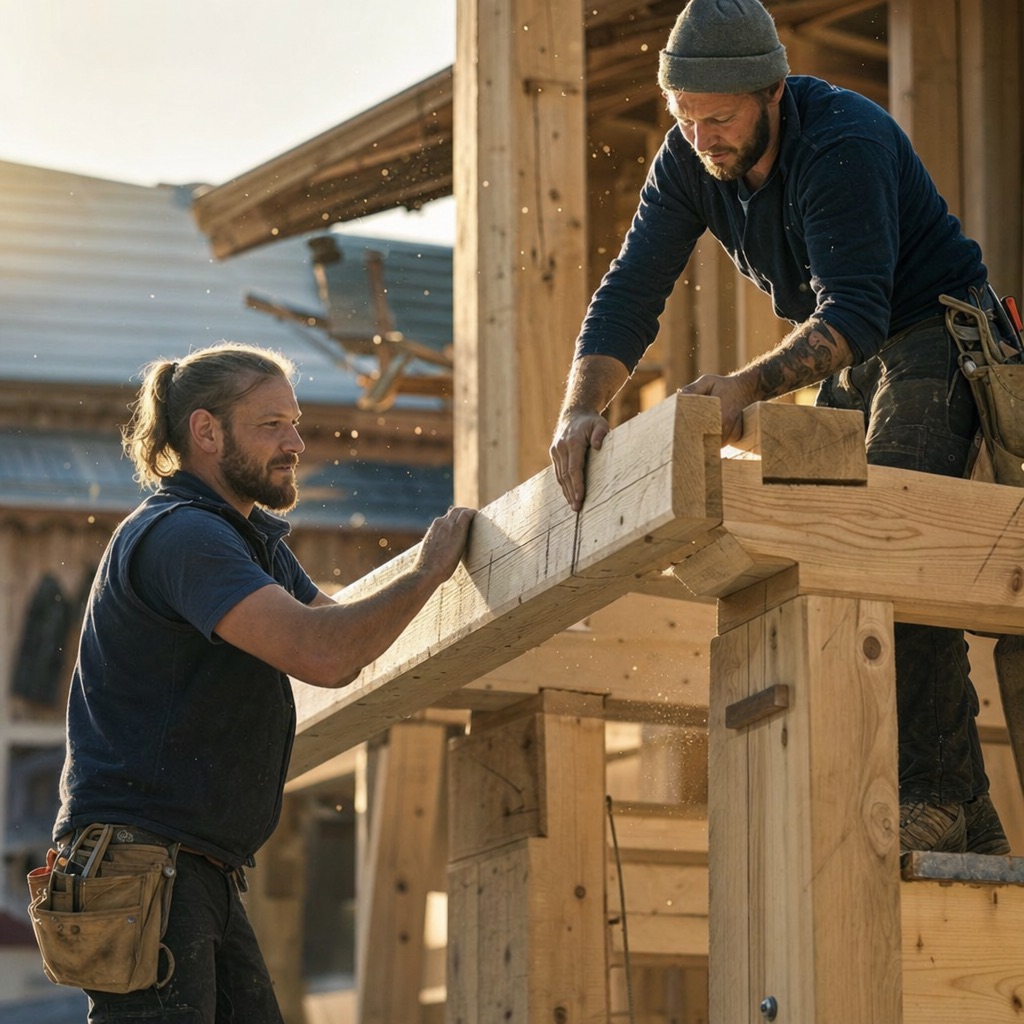 Handwerker arbeiten mit Präzision am Holzbau