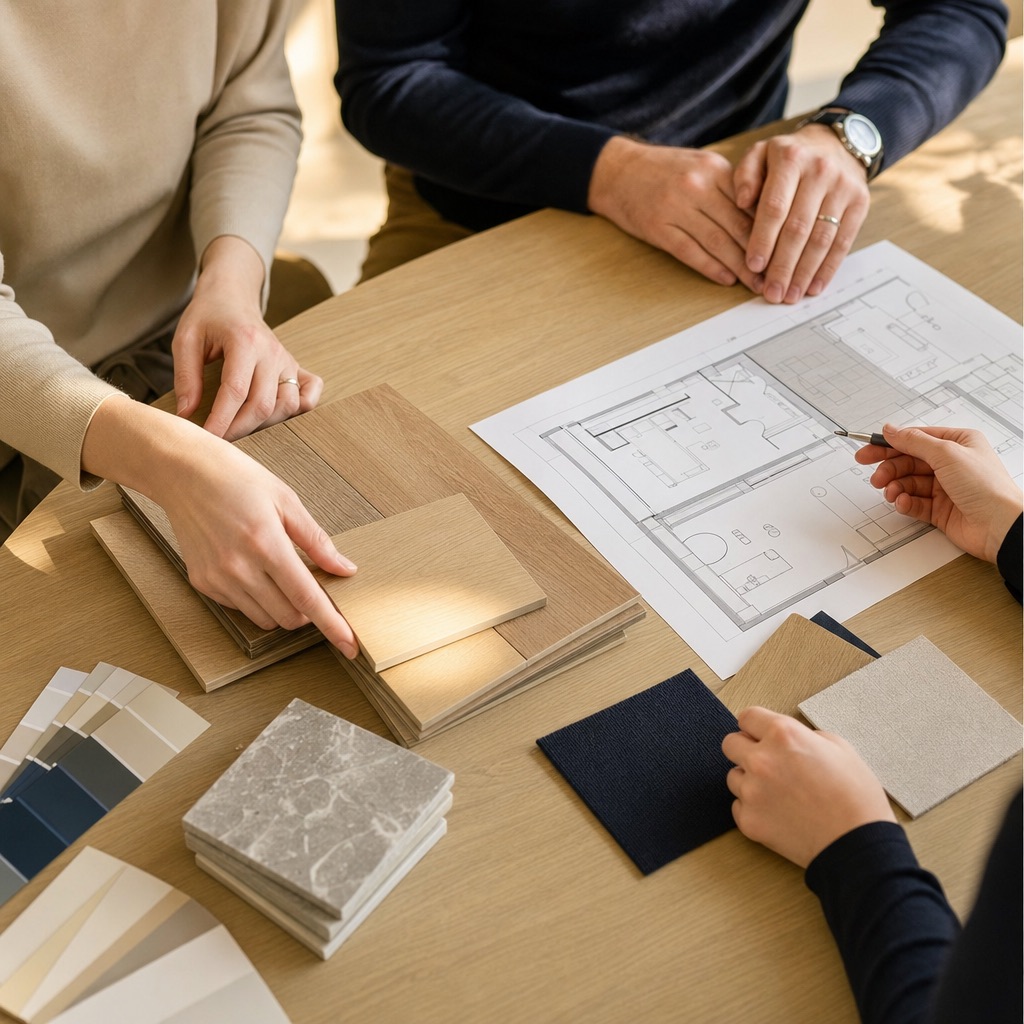 Materialwahl mit Mustern und Bauplan